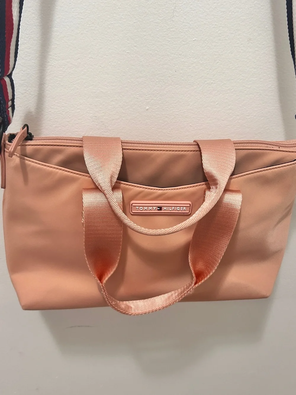 Tommy Hilfiger Pink Nylon Crossbody Tote Bag Stripe Strap Everyday Purse